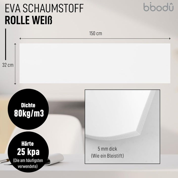 Roll Eva Foam 5mm Weiss Farbe | Moosgummi 5mm Dicke | Grösse 150cm x 32cm, Dichte 80 kg/m3 | Eva Foa