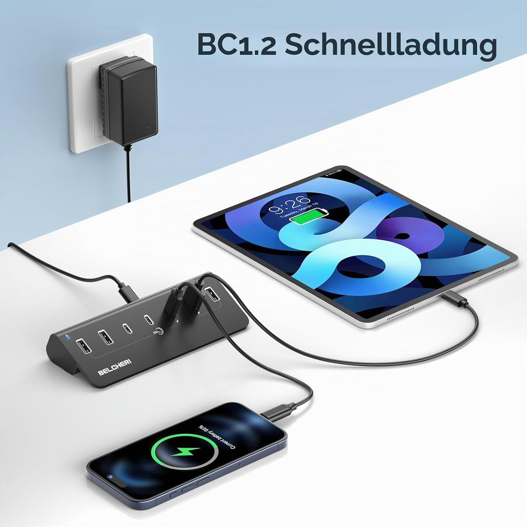 7 Port USB C Hub mit Netzteil, USB 3.2 Gen 2, 10Gbit/s Schneller Datenhub, Vollaluminium-Verlängerun