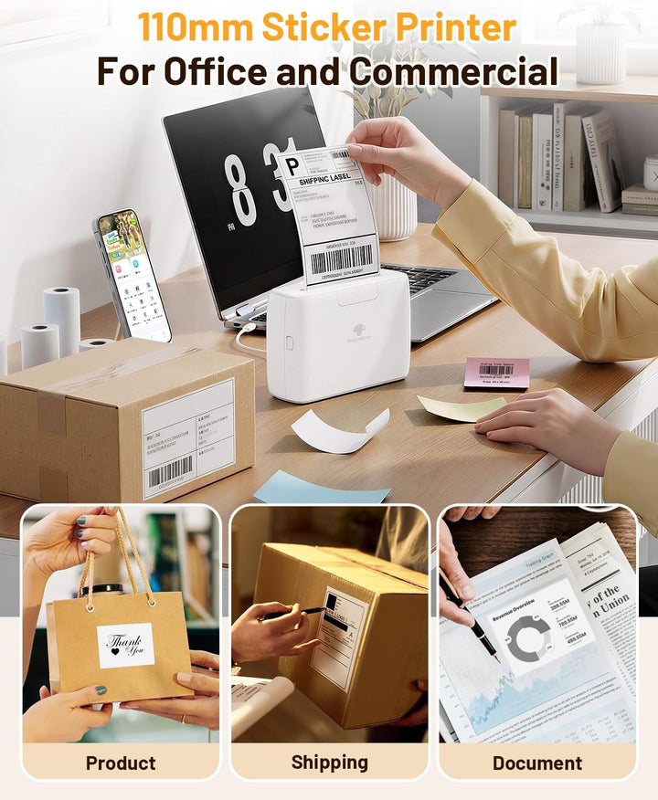 Phomemo M04S 110mm Mini Drucker Tragbarer – 300DPI Taschendrucker Bluetooth Thermodrucker für Handy,