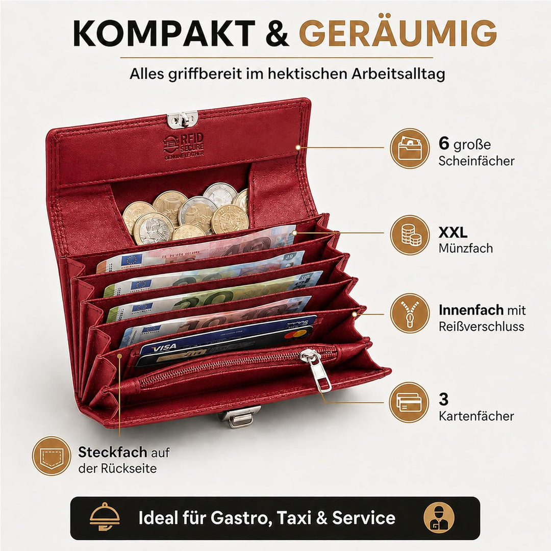 Profi Kellner Geldbörse Profi 100% Wasser Büffel [2026] Echt Leder RFID (18,5 x 9,5 x 4,5cm BxHxT) G