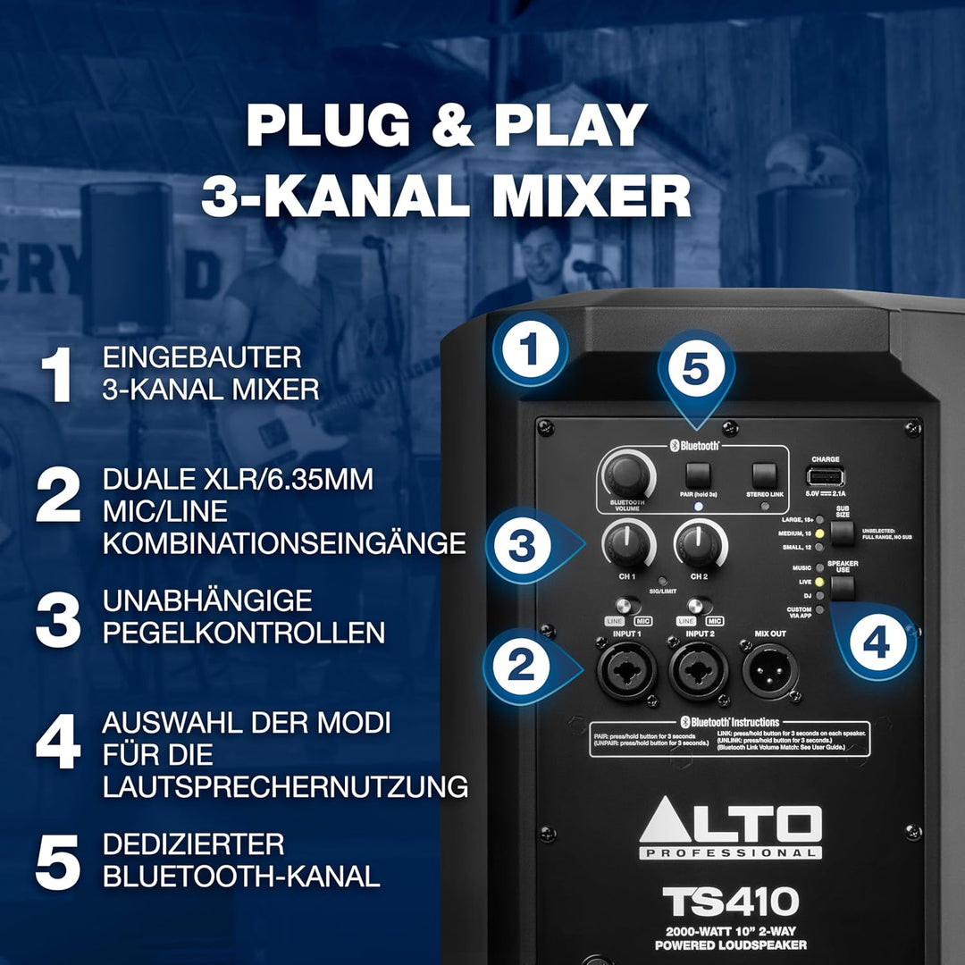 Alto Professional TS410– 2000W 10" Aktiver PA-Lautsprecher mit 3- Kanal Mixer, Bluetooth-Streaming,