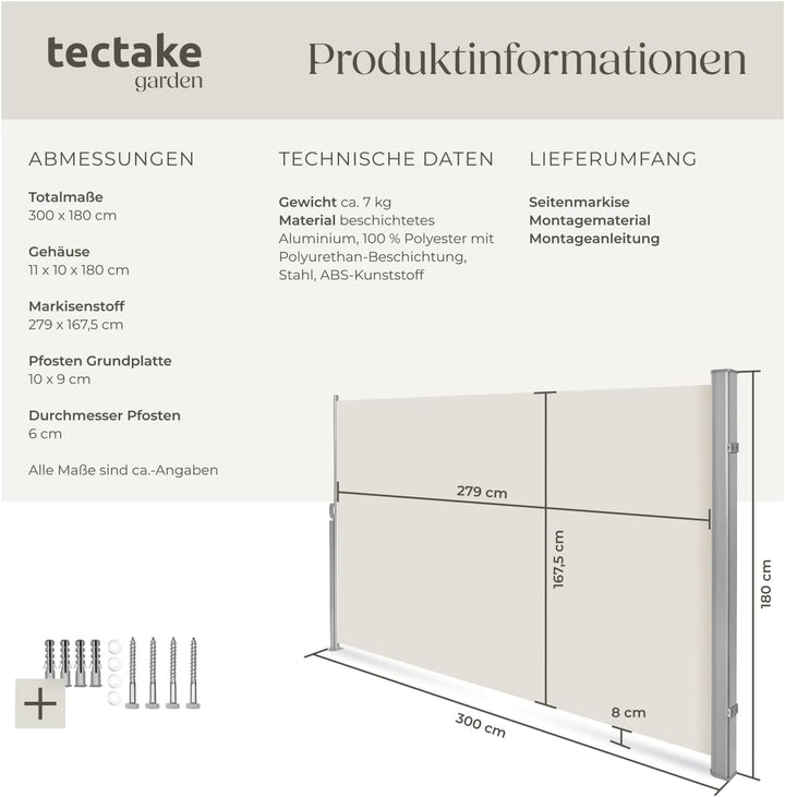tectake blickdichte Aluminium Seitenmarkise, Wind- und Sichtschutz für Balkon, Garten und Terrasse,