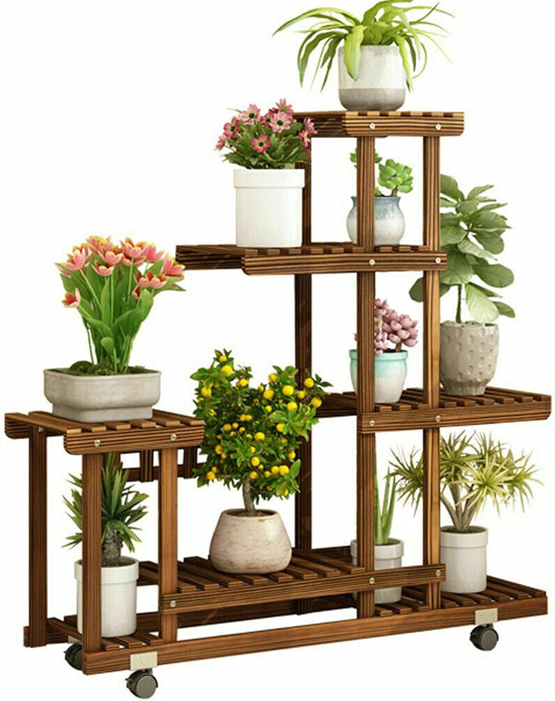unho Blumenregal Rollbar, Blumenständer mit 6 Ebenen, Blumentreppe aus Holz, Pflanzenregal Balkon Wo