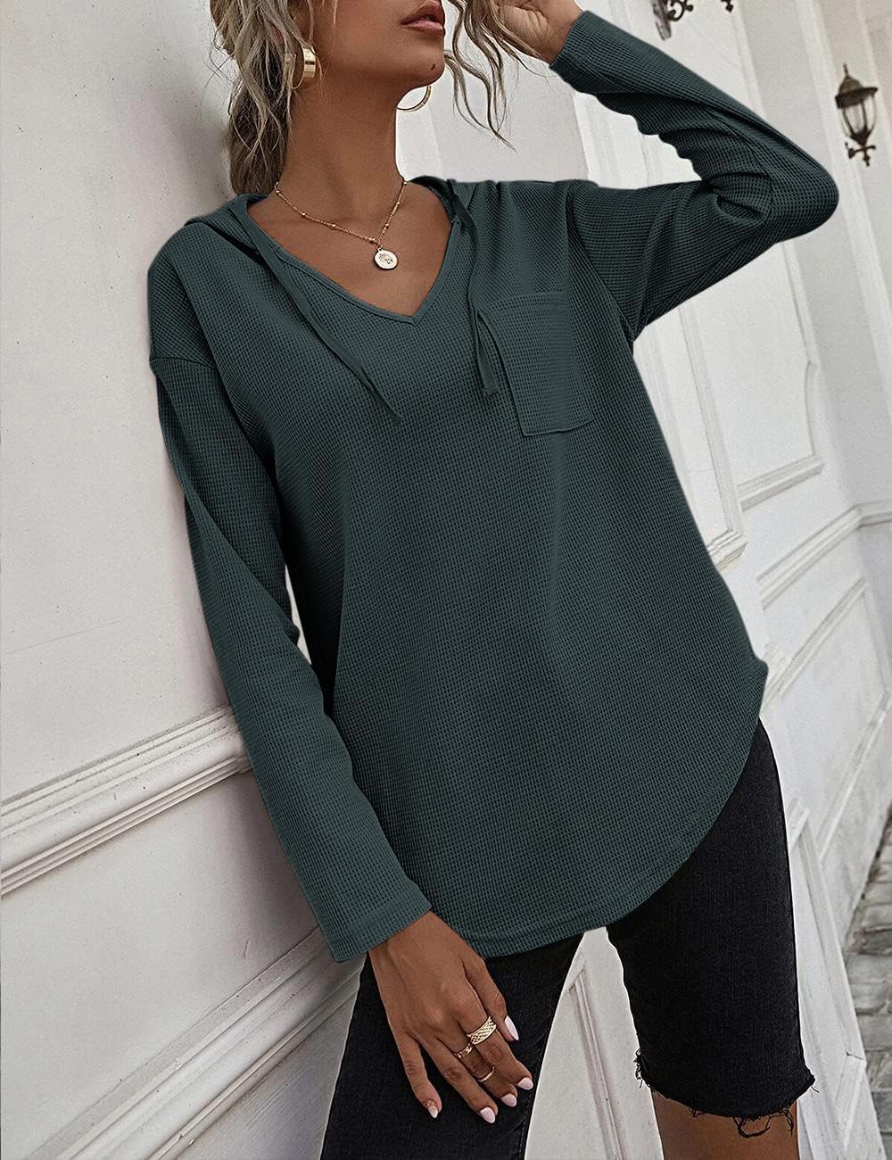 Cuptacc Pullover Damen Hoodie Langarm V Ausschnitt Pullover Sweatshirt Kapuzenpullover Einfarbig Dra