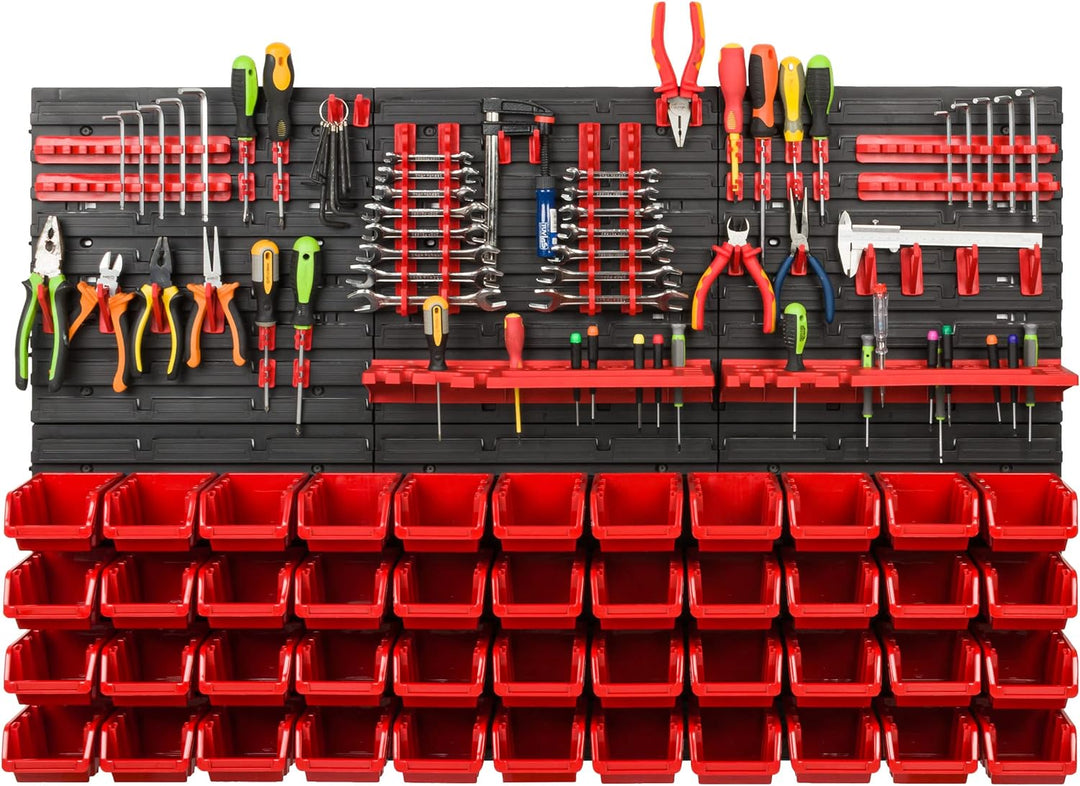 Lagersystem Werkstattregal | 117 x 78 cm | 44 stck. Box | Wandregal mit Werkzeughalterungen und Stap