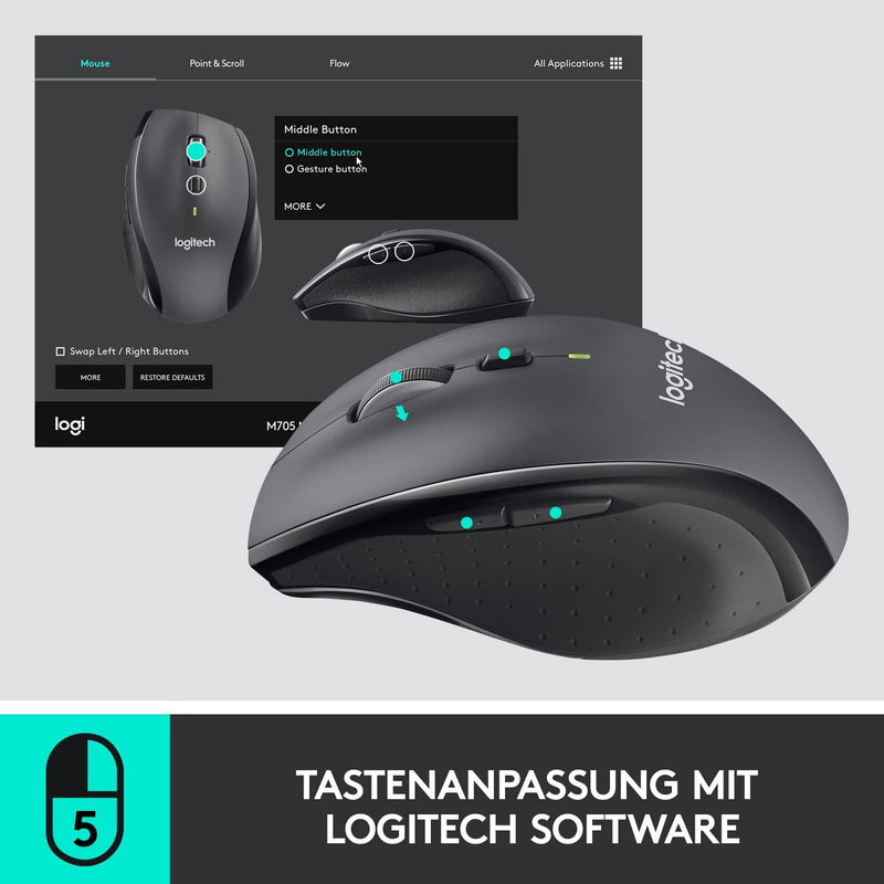 Logitech M705 Marathon Kabellose Maus, 2,4 GHz mit USB-Unifying-Empfänger, 1000 DPI, 5 programmierba