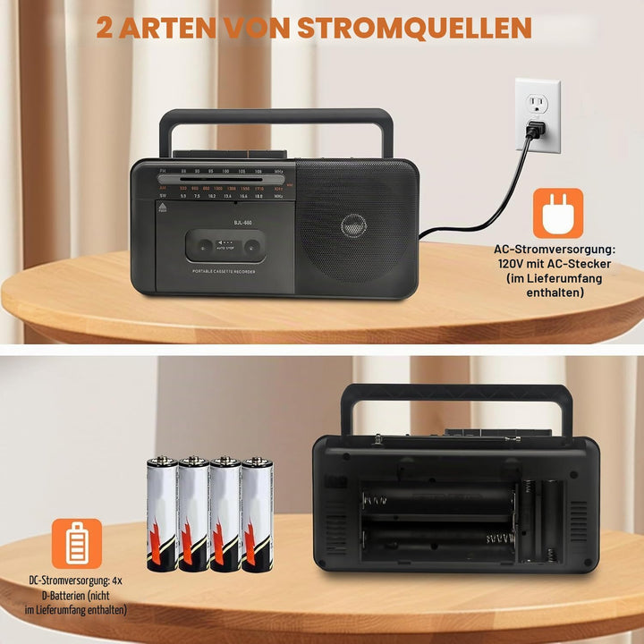 Kassettenspieler Bluetooth Boombox, Tape Recorder AM/FM/SW Radio Stereo Tape Player/Recorder mit gro