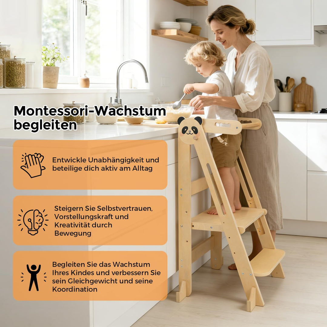 Lernturm Klappbar ab 1 Jahr, Montessori Lernturm aus Holz für Kinder, Höhenverstellbarer Learning To