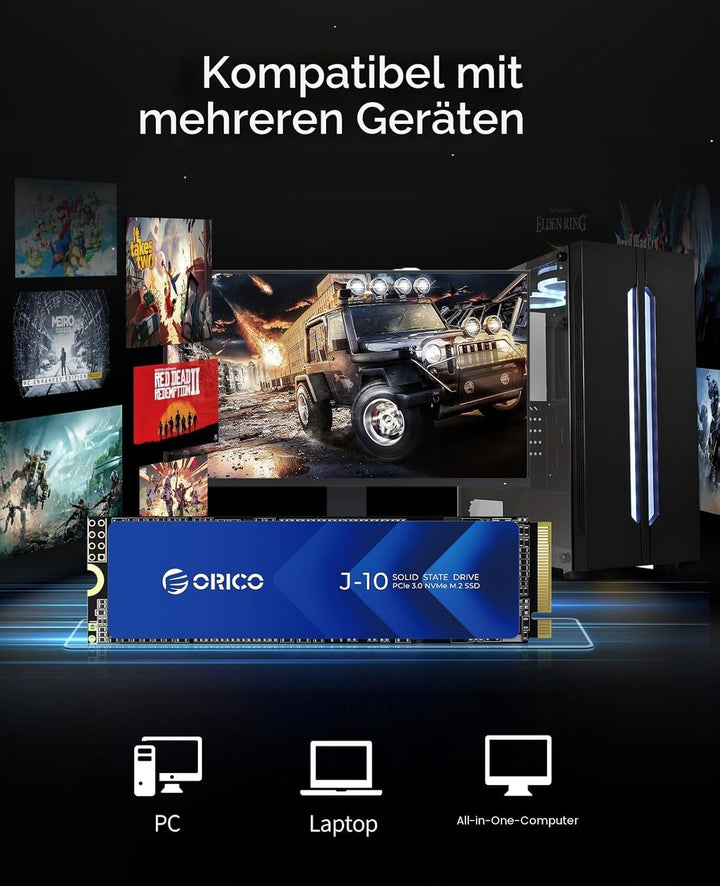 ORICO NVMe M.2 SSD 1TB PCIe Gen3.0x4, bis zu 3100 MB/s, 3D NAND Interne SSD mit Kühlkörper, Internes