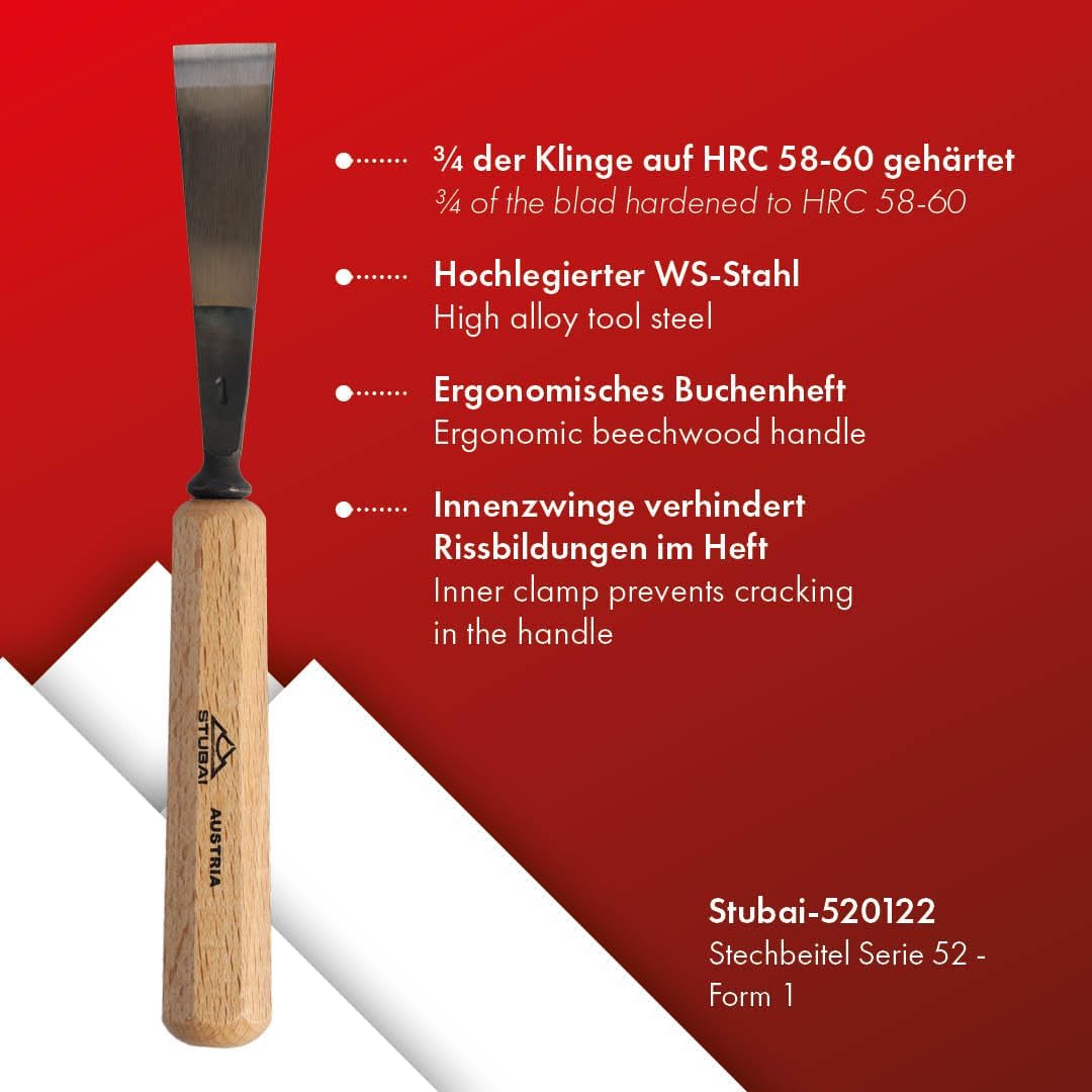 STUBAI Stemmeisen Stechbeitel Serie 52 - Form 1 | Gerades Balleisen 22 mm, mit Holzgriff, für glatte