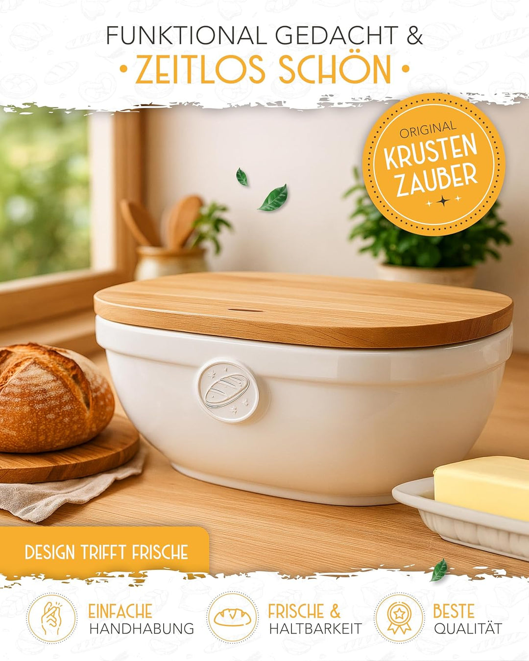 KRUSTENZAUBER Brotkasten Keramik zur Brotaufbewahrung – Moderne Brotbox mit Deckel – Bread Box ideal