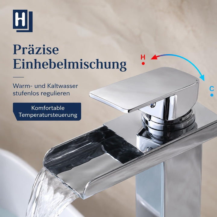 HOMELODY Wasserhahn Bad Wasserfall Waschtischarmatur, Einhandmischer Messing Armatur Badezimmer mit