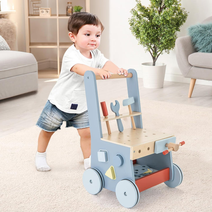 DREAMADE 2 in 1 Lauflernwagen aus Holz, mini-Werkzeugbank mit Rädern, Lauflernhilfe für Mädchen und