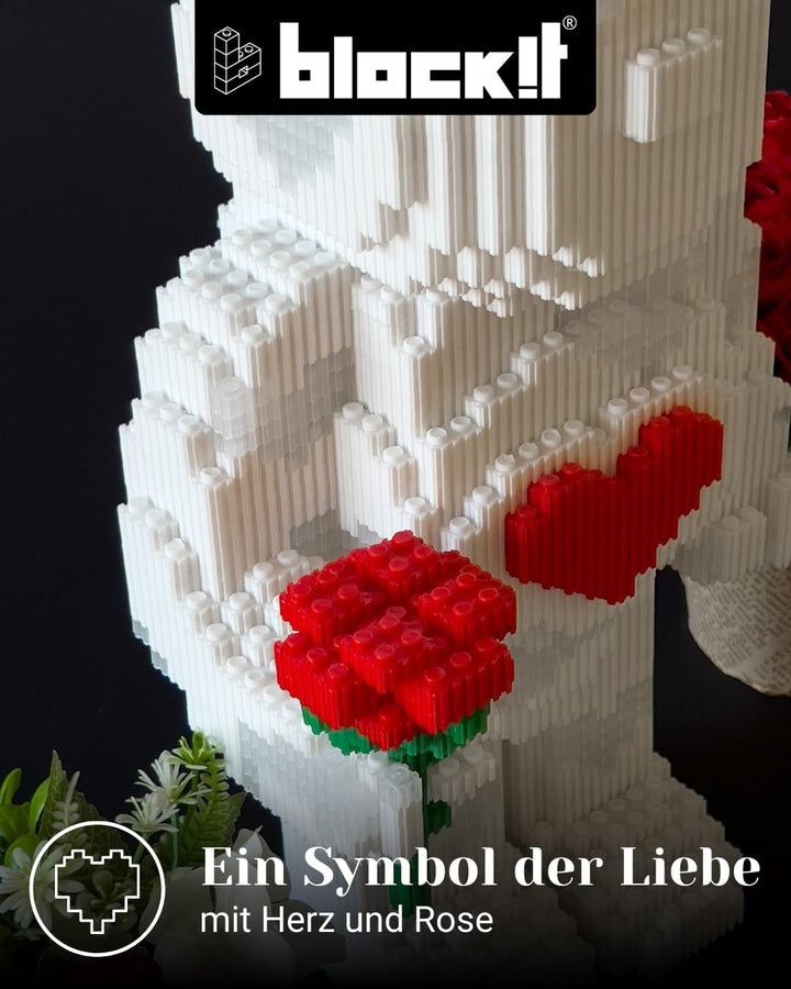 block!t Love Bear Klemmbaustein-Set mit LED – Weisser Baustein-Bär mit Herz & Rose – 5423 Teile Deko