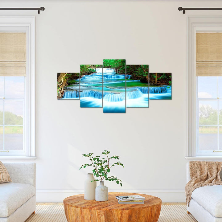 Runa Art Bild Schlafzimmer Wohnzimmer Wasserfall Landschaft 5 Teilig Berge Blau Grün Wandbilder auf