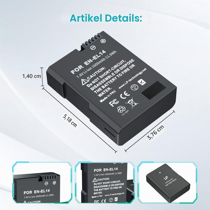 LP EN-EL14 Akku 2 Pack EN EL14a Ersatzakku kompatibel zu D3500, D5600, D3300, D5100, D5500, D3100, D