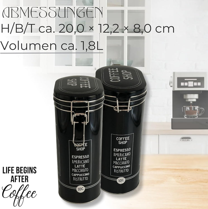 MediMuc Vorratsdose Kaffeedose Teedose oval lackiert schwarz mit weisser Schrift mit Bügelverschluss