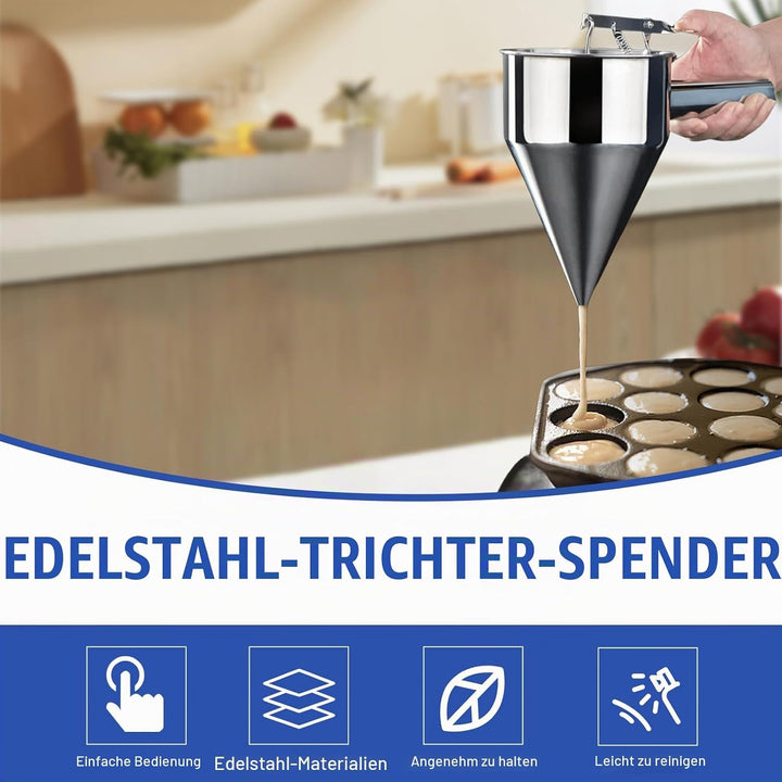 Pfannkuchen Teigspender Teigportionierer, 1200ml Edelstahl Kuchenspender mit Deckel &amp; 4 Ersatzdüsen