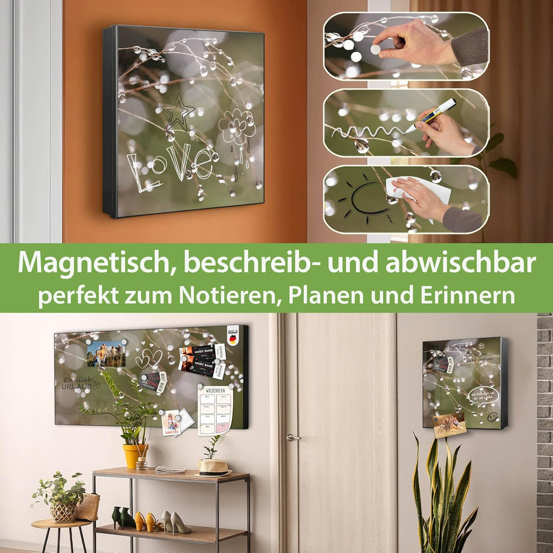 banjado® Grosser Schlüsselkasten Glas/Schlüsselbox 30cm x 30cm mit 50 Haken - Motiv Tau Auf Zweigen/