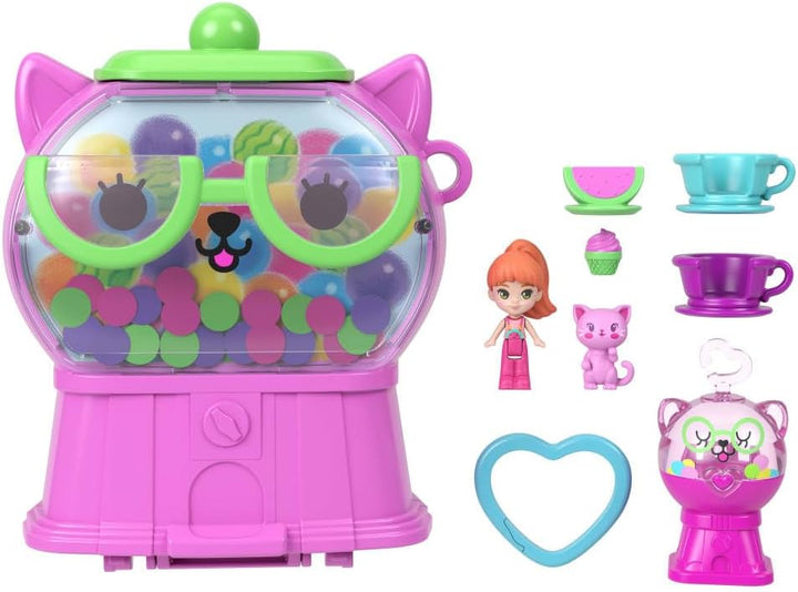 Polly Pocket Puppen und Spielset, Kaugummi-Kätzchen-Schatulle, Reisespielzeug mit 1 Mikropuppe, Haus