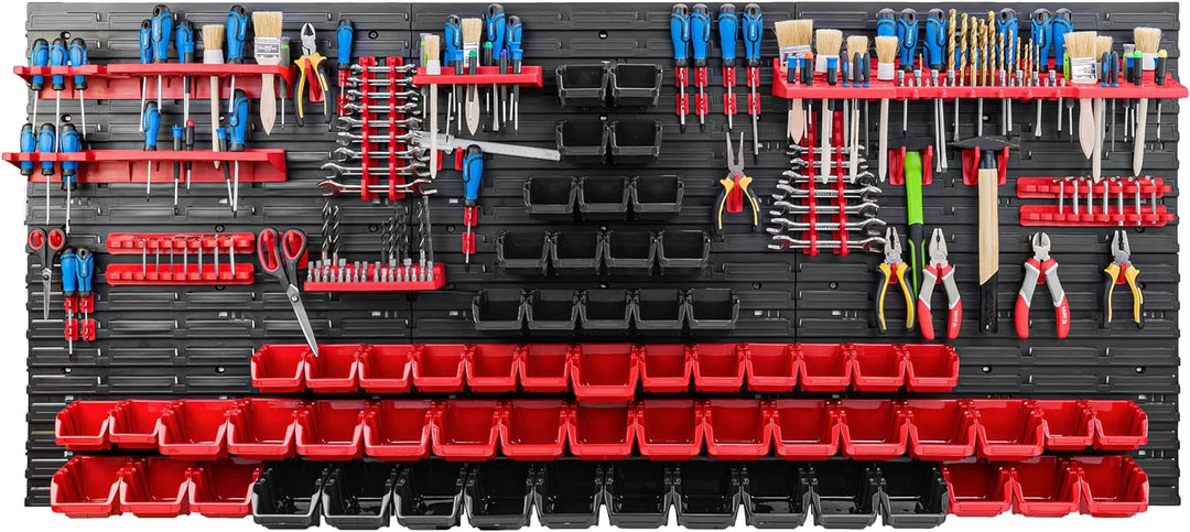 Lagersystem Werkstattregal | 172 x 78 cm | 62 stck. Box | Wandregal mit Werkzeughalterungen und Stap
