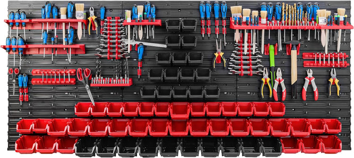 Lagersystem Werkstattregal | 172 x 78 cm | 62 stck. Box | Wandregal mit Werkzeughalterungen und Stap