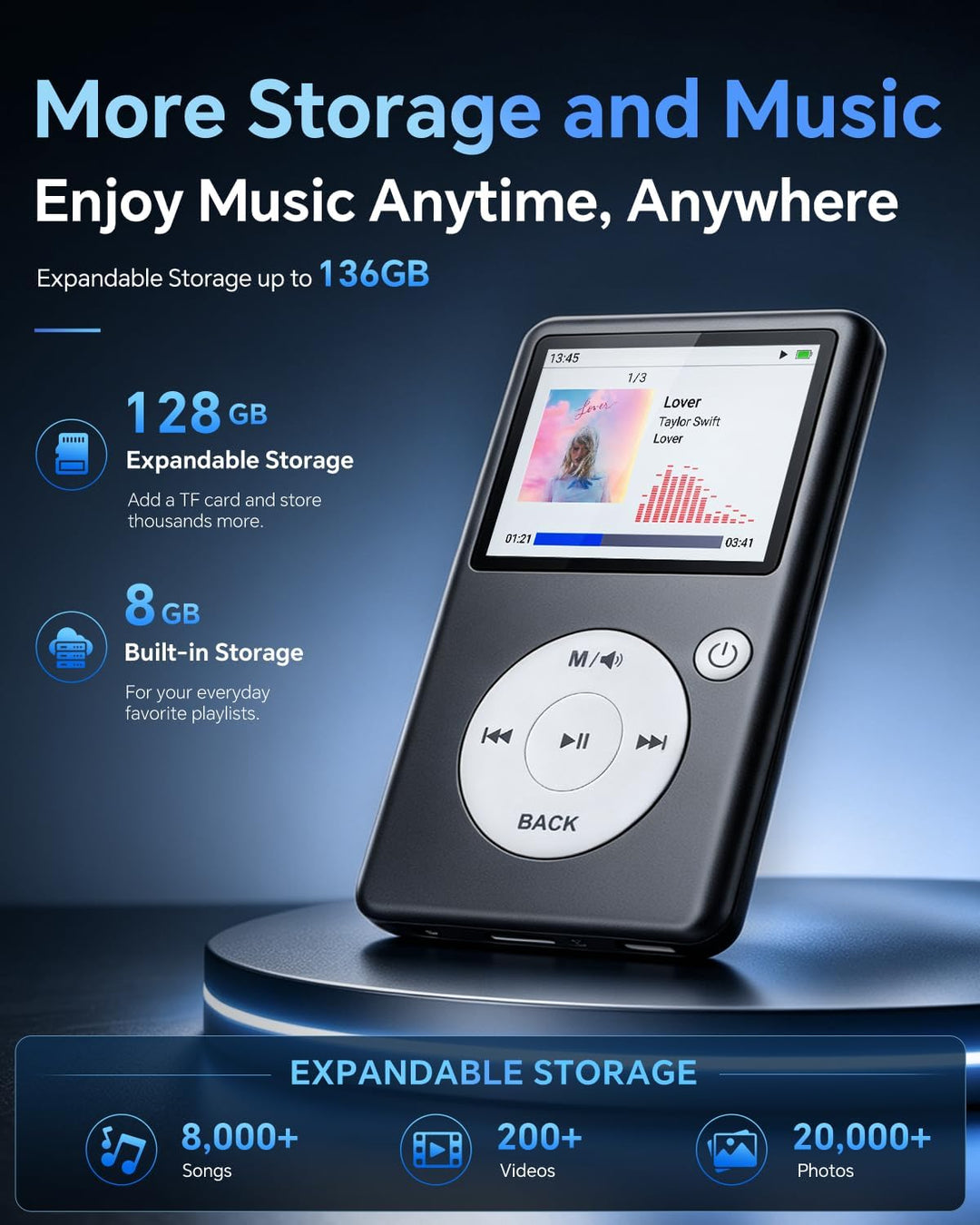 MP3 Player Bluetooth 5.3 mit Video, Hörbüchern, FM Radio und Touch Wheel | Klassis Design, HiFi Musi