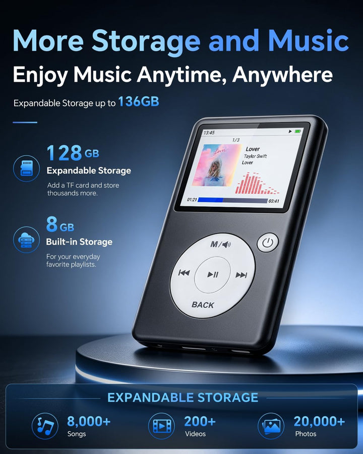 MP3 Player Bluetooth 5.3 mit Video, Hörbüchern, FM Radio und Touch Wheel | Klassis Design, HiFi Musi