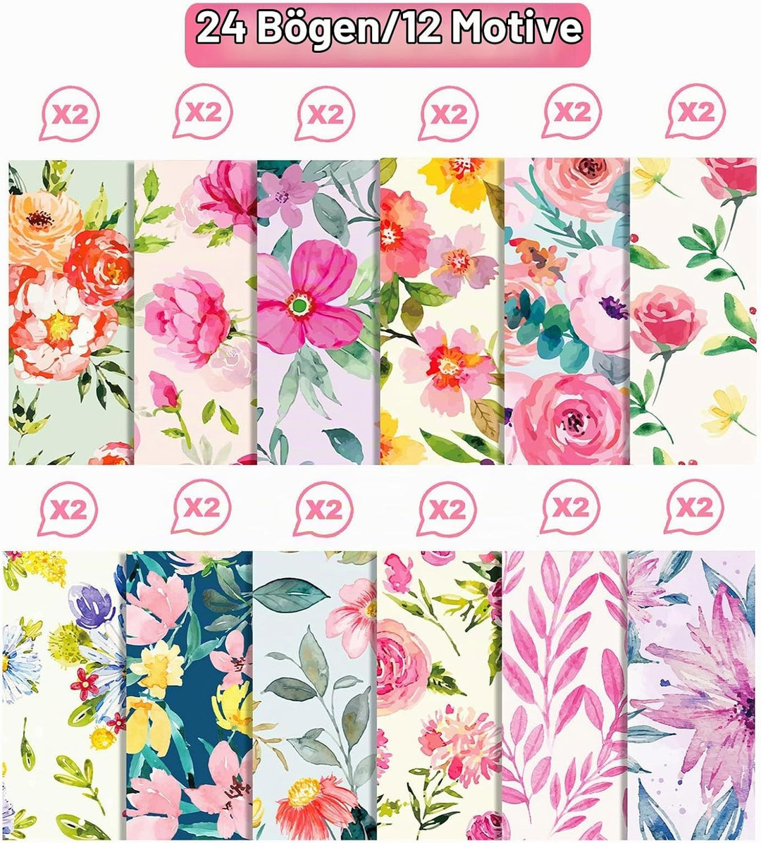 Florales Muster Scrapbook Papier, 30x30 cm, 24 Blatt/12 Designs Doppelseitiges Bastelpapier, Decoupa