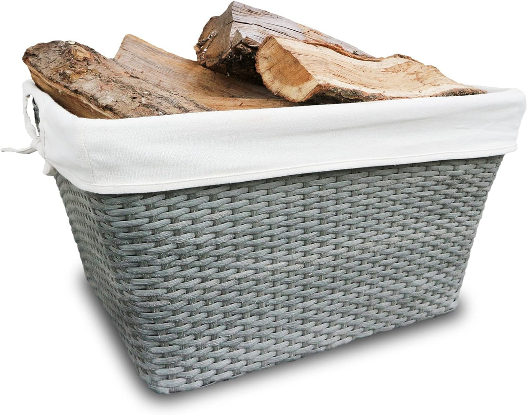 HABAU Holzkorb aus Polyethylen mit Metallrahmen und Stoffeinsatz, ideal für Pellets, grau, 59 x 42 x