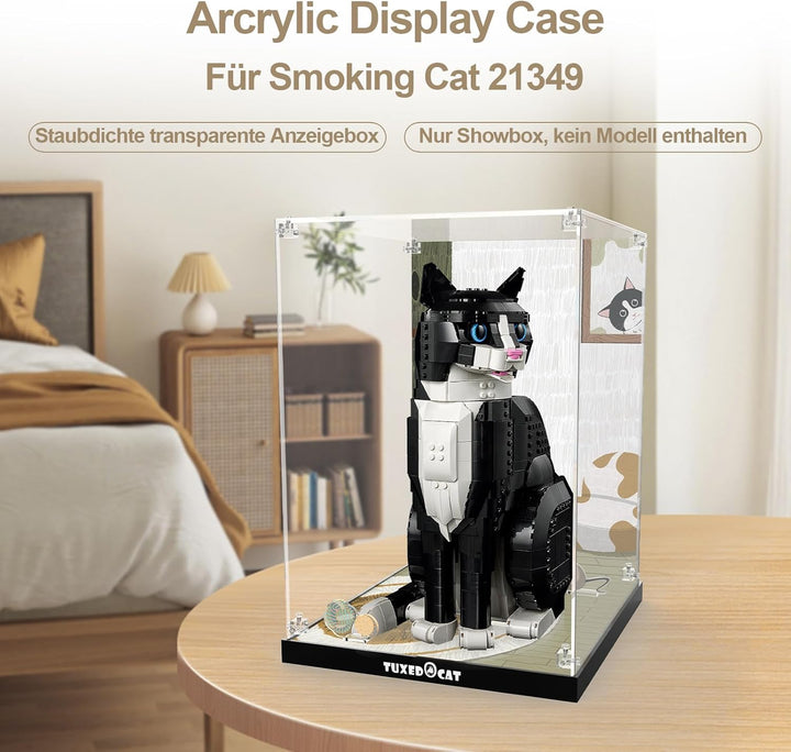 cooldac Acryl-Vitrine kompatibel mit Lego 21349 - Schwarz-weisse Katze, Staubdichte mit HD-animierte