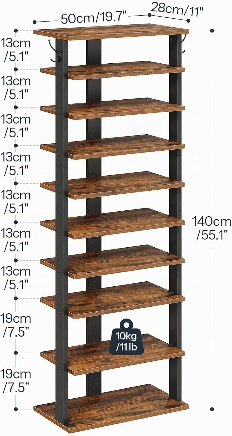 HOOBRO 10-lagiges Schuhregal, schmales Schuhablage, 50 cm Schuhschrank mit 2 Haken, Ablagegestelle,