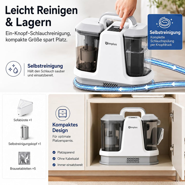 SIMPLUS Polsterreiniger Gerät, Waschsauger Teppich- &amp; Polsterreiniger mit 65°C Heisswasser/100°C Dam