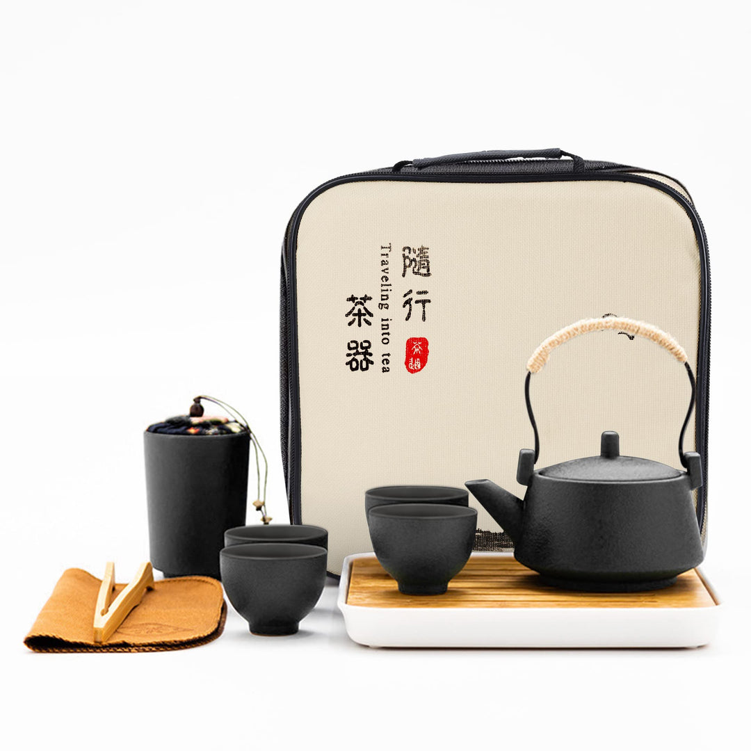 fanquare Japanisches Tragbare Reise Tee Set mit Reisetasche, Schwarz Porzellan Tee Service mit Teeka