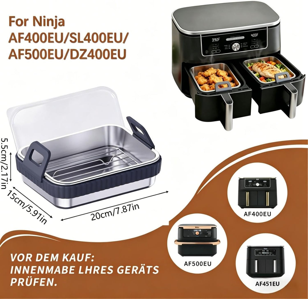 2er Set Edelstahl Backform für Heissluftfritteuse mit Grillrost und Frischhaltedeckel – Airfryer Zub