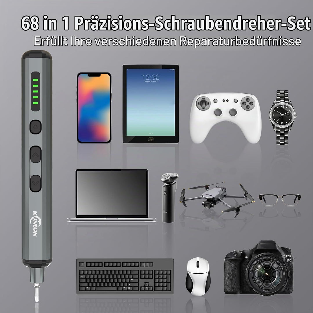 KUNLUN Mini Elektro Schraubendreher Set 70 in 1 mit 64 Magnetischen Bits 5 Gänge Drehmoment LED Bild