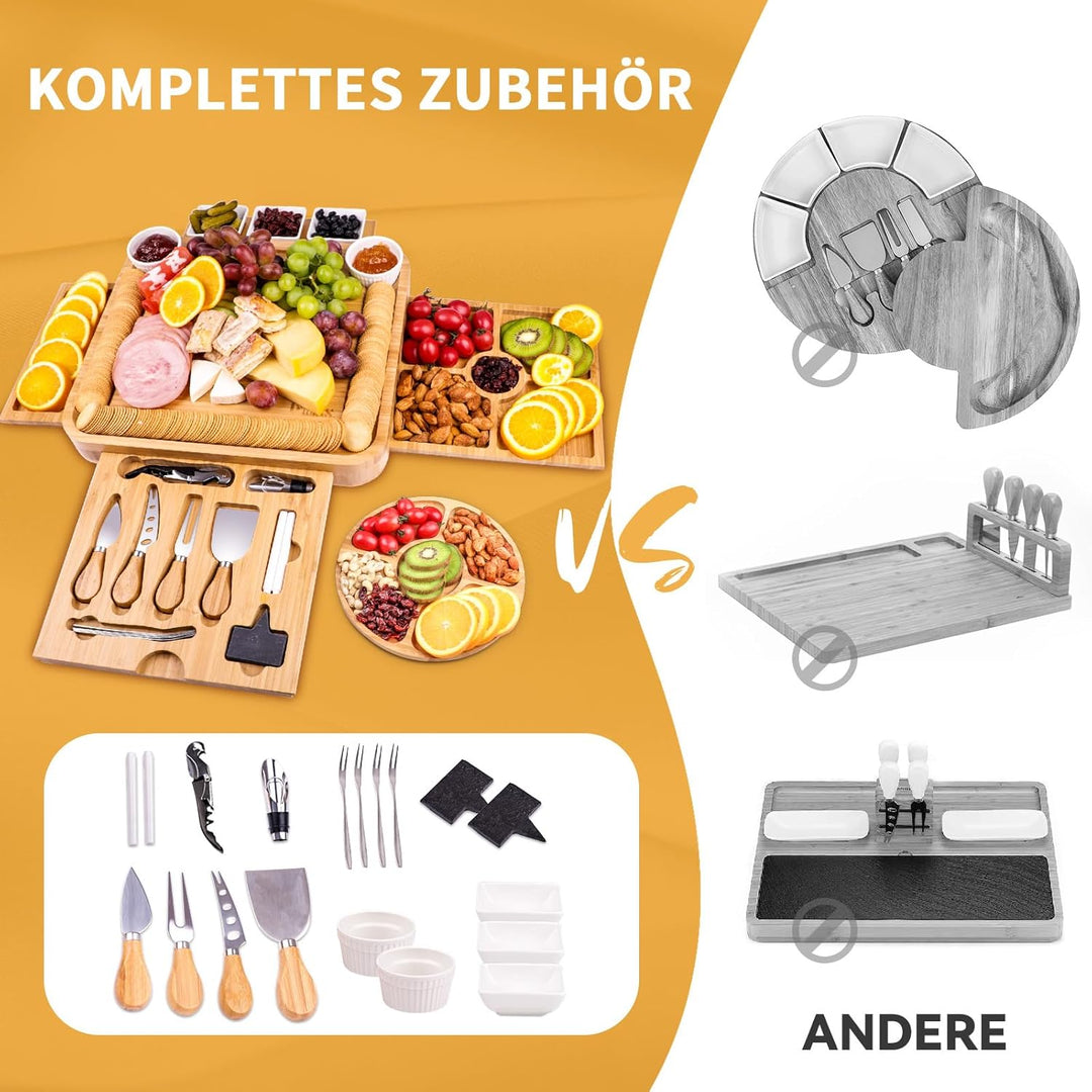 Bambus-Käsebrett, Käsebrett mit Käsemesser-Set, Charcuterie Board,Käsebretter, Servierbrett, für Wei
