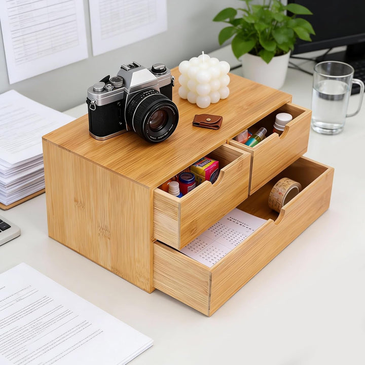 Aufbewahrungsbox Bambus Schreibtisch Organizer mit 3 Schubladen Mini Kommode Rohholzfarbe Schreibtis