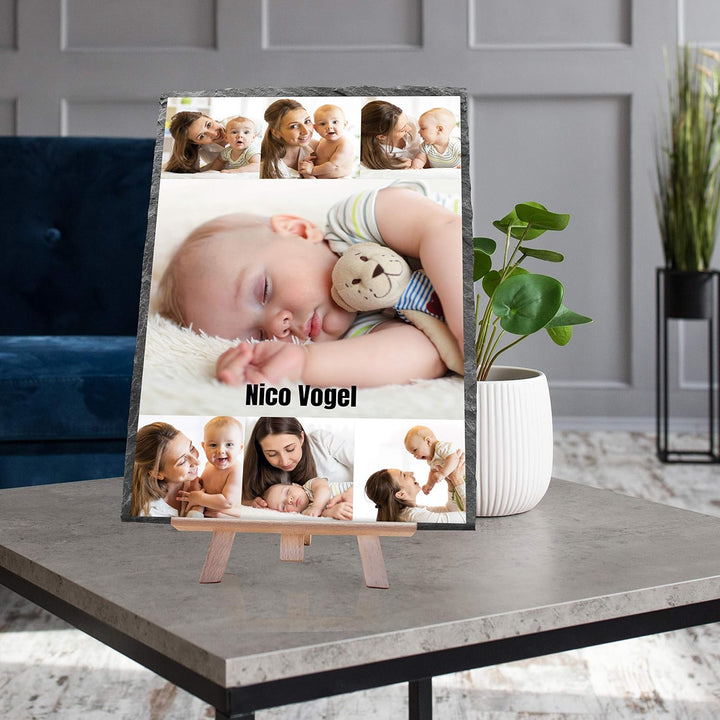 wandmotiv24 Schieferplatte mit eigenen Fotos zur Geburt, 20 x 30 cm, inklusive Staffelei, 7 Fotos +