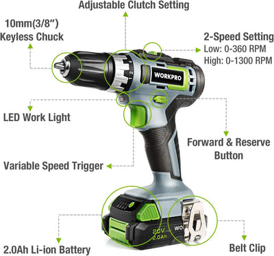 WORKPRO Akkuschrauber 18V/20V Akku-Bohrschrauber mit 16 Zubehör, Drehmoment 25NM und variable Drehza