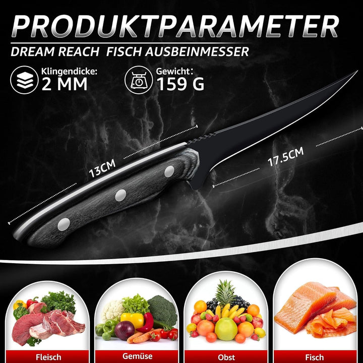 Dream Reach Filetiermesser Fisch Ausbeinmesser - Scharfe Fischmesser Full Tang Küchenmesser für Fisc