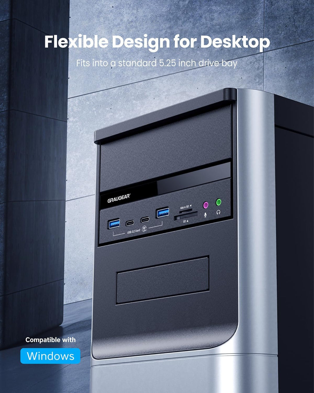 GRAUGEAR 5,25 Zoll PC Frontpanel m. SD Kartenleser und USB HUB [8 in 1] | PC Gehäuse Frontpanel mit