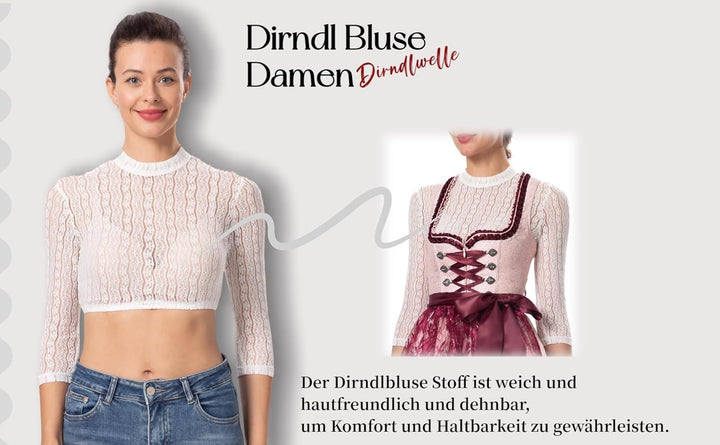 Dirndlwelle Spitze Dirndlbluse Langarm Dirndlbluse Damen Trachtenbluse Creme Dirndl Bluse Hochgeschl