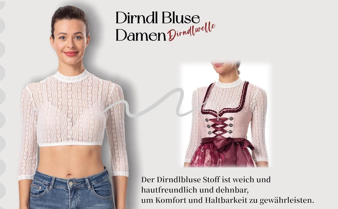 Dirndlwelle Spitze Dirndlbluse Langarm Dirndlbluse Damen Trachtenbluse Creme Dirndl Bluse Hochgeschl