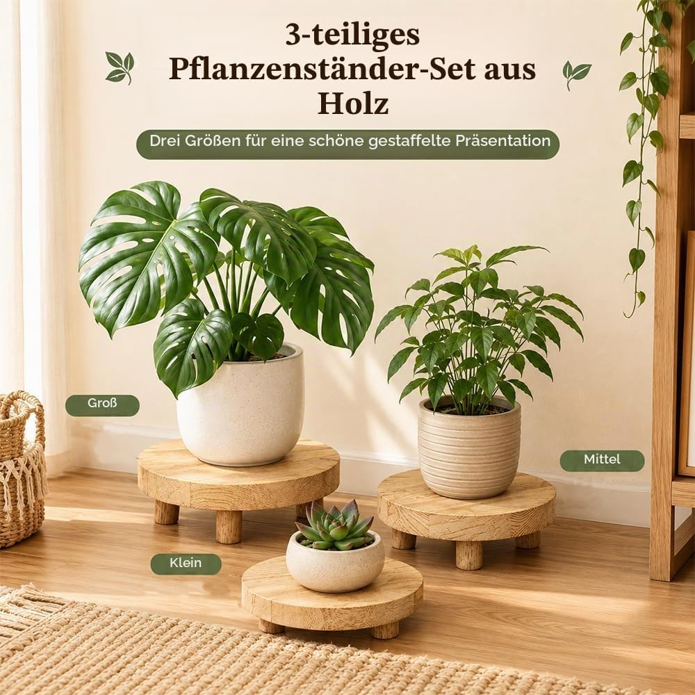 3 Stück Blumenhocker Pflanzenständer Holz Rund Blumenhocker Set