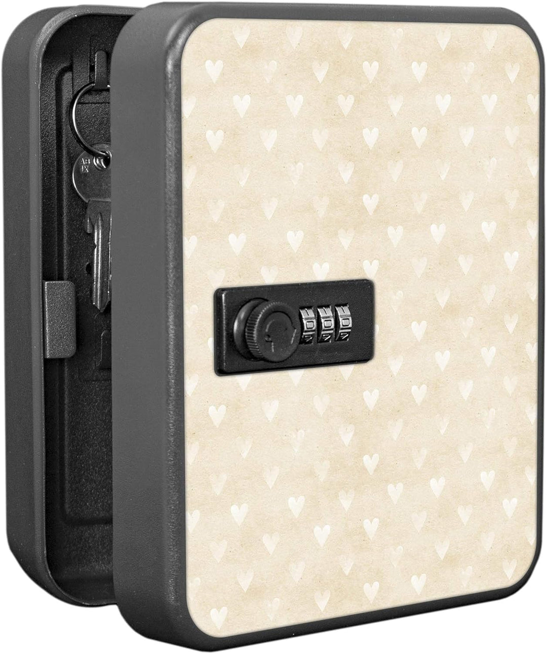 banjado® Burg-Wächter® abschliessbarer Schlüsselkasten mit Motiv Beige Herzen für 20 Schlüssel - Sch