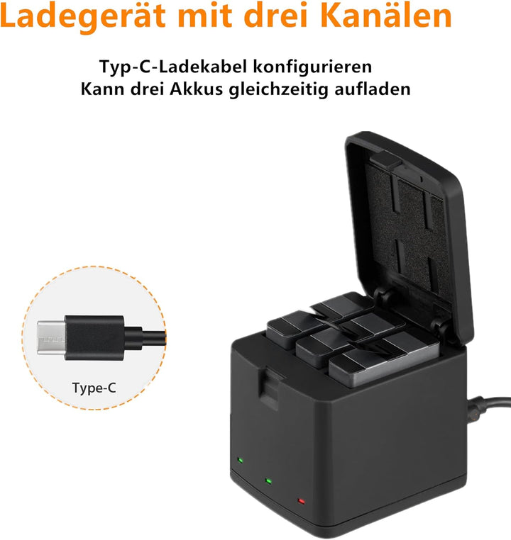 Vemico Hero 8 Akku Ladegerät Kit 3 Pack 1500 mAh ErsatzAkku 3 Kanal Ladebox Typ-C USB Mit Einem Schu