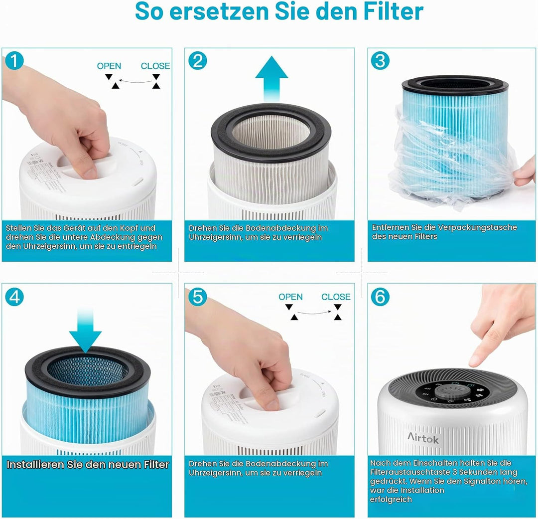AIRTOK HEPA Luftfilter von Schimmel Staub Pollen Gerüche Haustierschuppen, 99,97% Entfernung bis 0,1