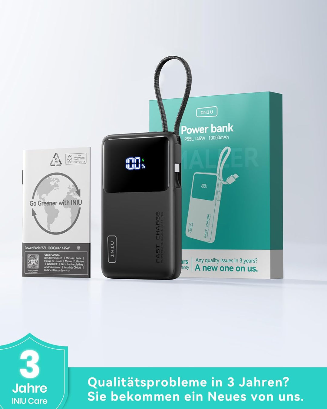 INIU 45W Power Bank, Ultra-dünn 10000mAh Externe Handyakkus mit Integriertem USB-C Kabel, Schnelllad