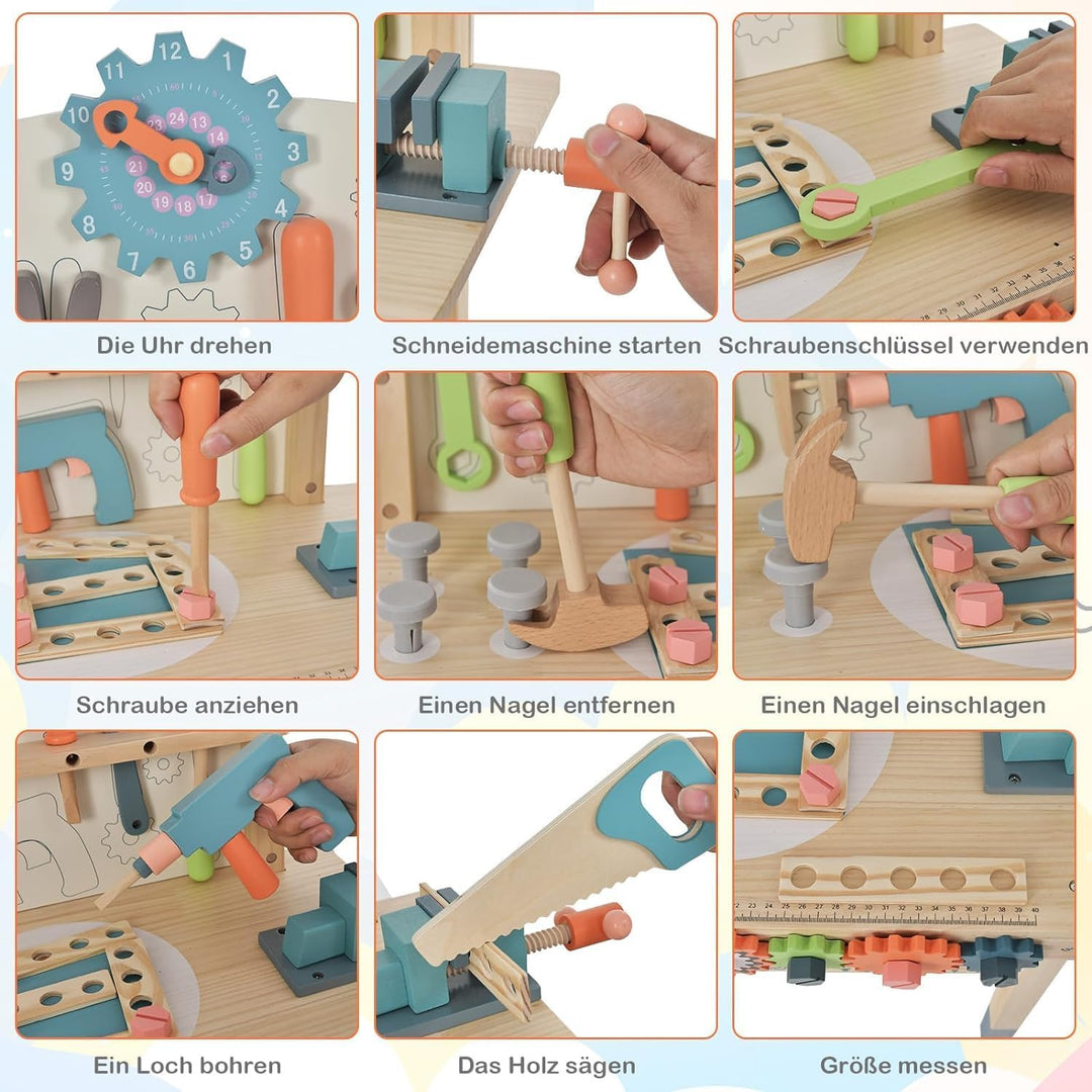 DREAMADE Werkbank Kinder, Werkzeugbank für Kinder aus Holz mit 63 Zubehör, Werkzeug Spielzeug Set mi
